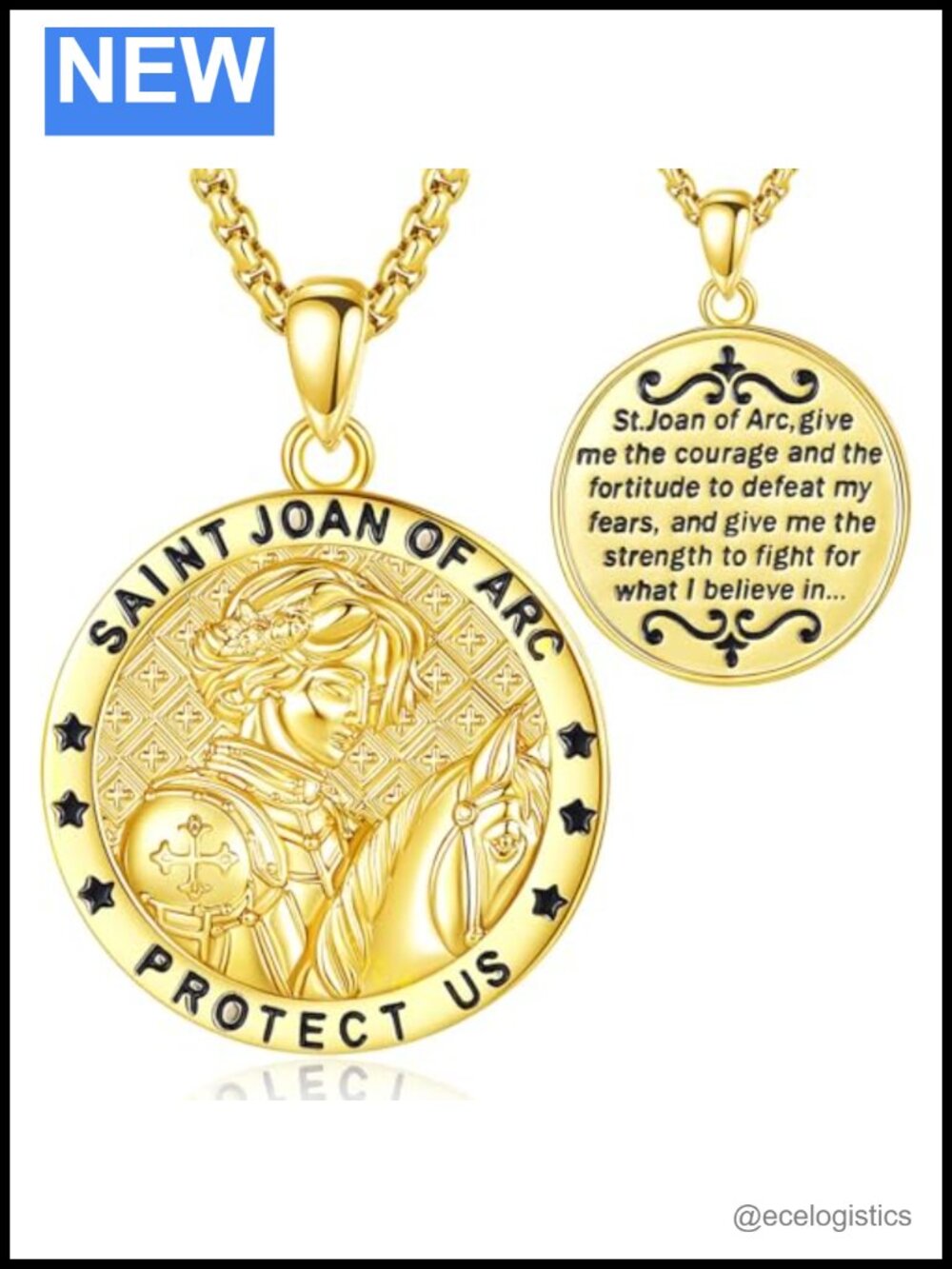 St Joan of Arc Catholic Medal Necklace Gold Plated 22" Prayer Pendant